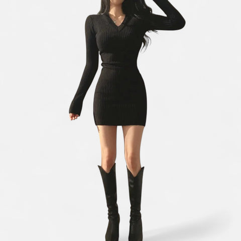 Celvarin | Women’s Premium Long-Sleeve Knit Bodycon Midi Dress with V-Neck