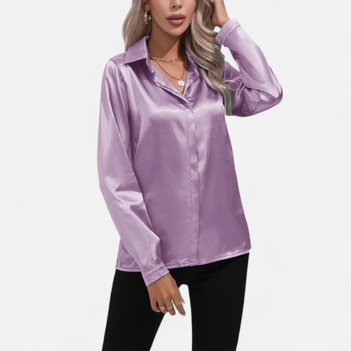 Celvarin | Women’s Premium Long Sleeve Satin Blouse – V-Neck
