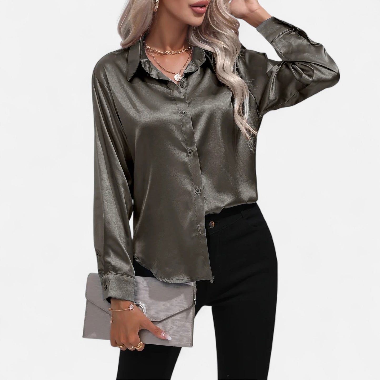 Celvarin | Women’s Premium Long Sleeve Satin Blouse – V-Neck