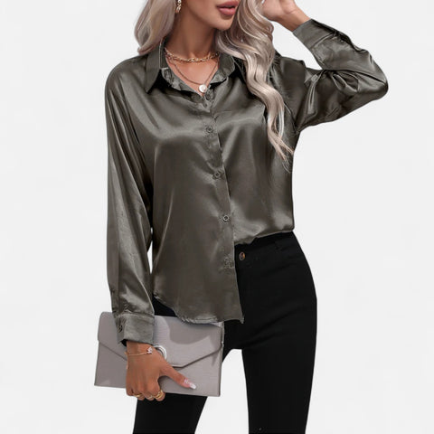 Celvarin | Women’s Premium Long Sleeve Satin Blouse – V-Neck