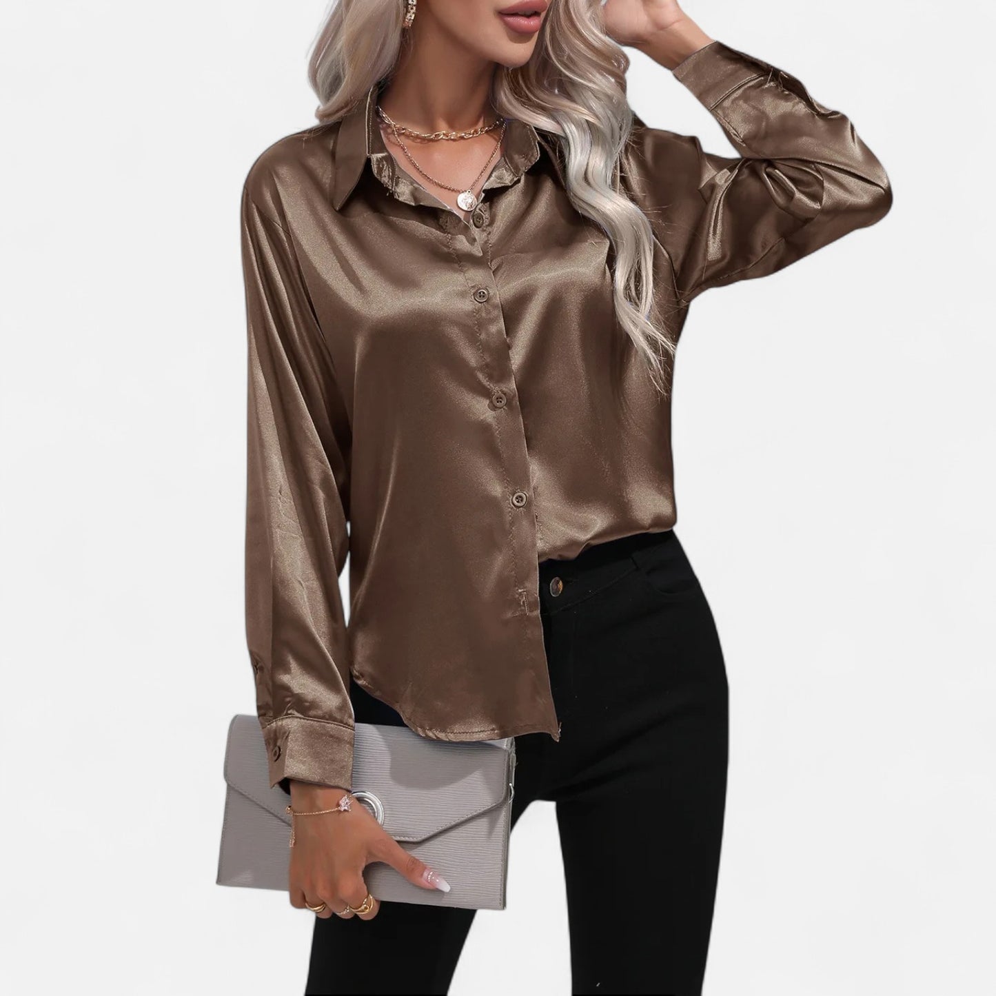 Celvarin | Women’s Premium Long Sleeve Satin Blouse – V-Neck