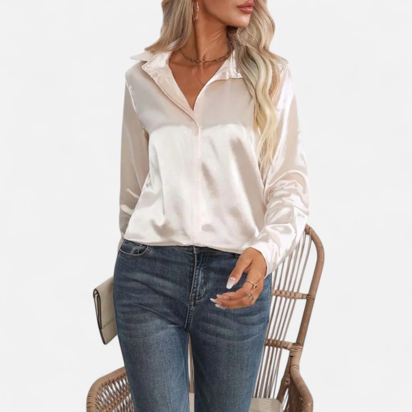 Celvarin | Women’s Premium Long Sleeve Satin Blouse – V-Neck