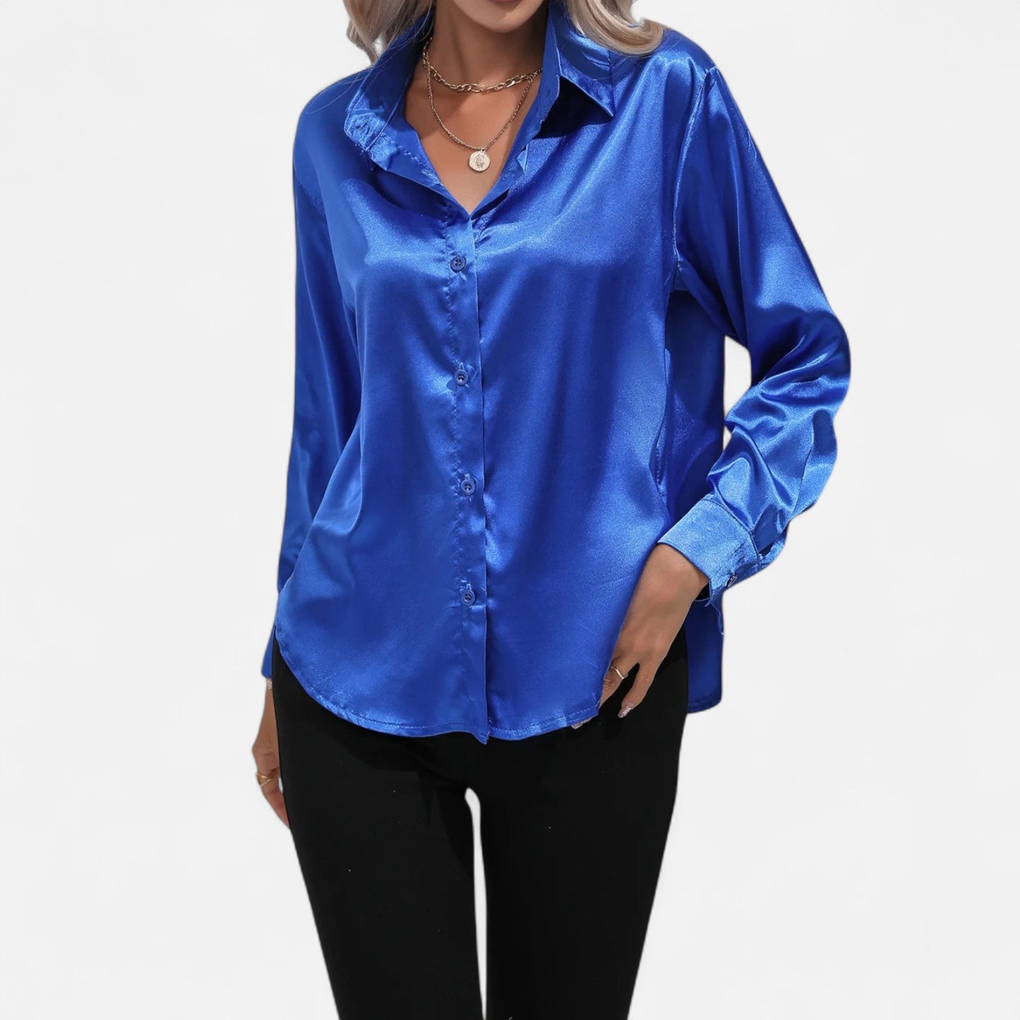 Celvarin | Women’s Premium Long Sleeve Satin Blouse – V-Neck