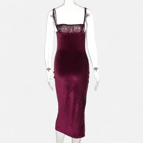 Celvarin | Women’s Premium Long-Sleeve Velvet Bodycon Midi Dress with V-Neck