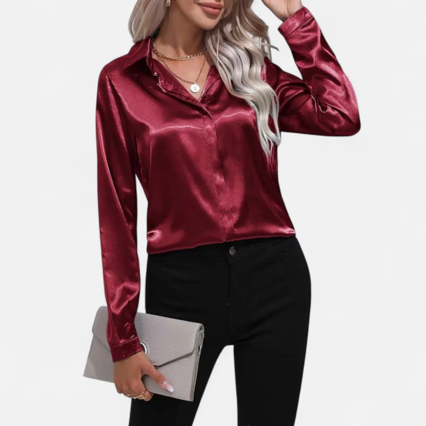 Celvarin | Women’s Premium Long Sleeve Satin Blouse – V-Neck