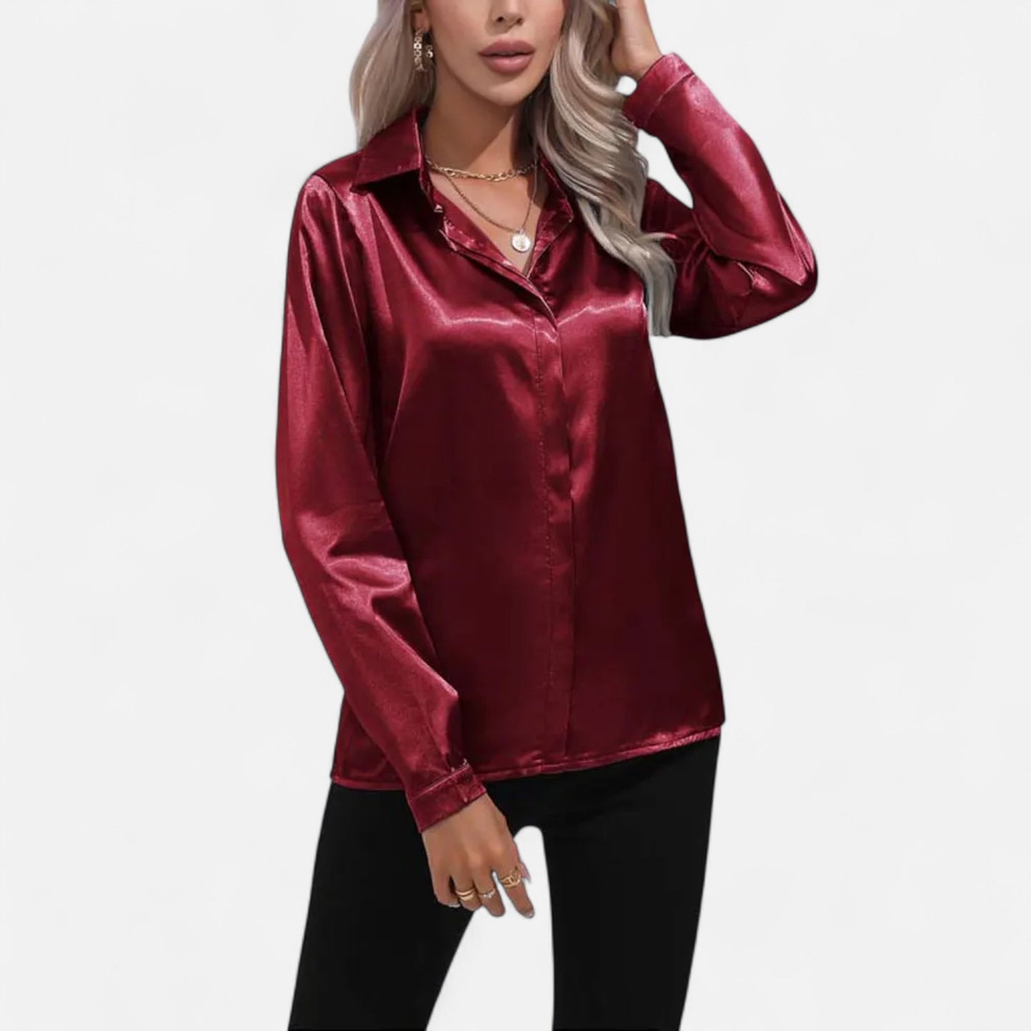 Celvarin | Women’s Premium Long Sleeve Satin Blouse – V-Neck
