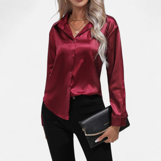 Celvarin | Women’s Premium Long Sleeve Satin Blouse – V-Neck