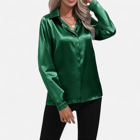 Celvarin | Women’s Premium Long Sleeve Satin Blouse – V-Neck