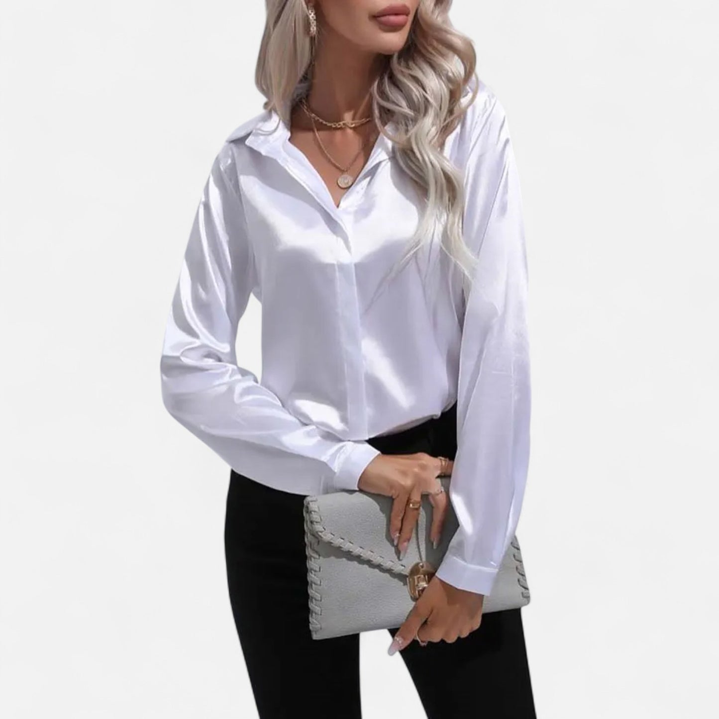 Celvarin | Women’s Premium Long Sleeve Satin Blouse – V-Neck