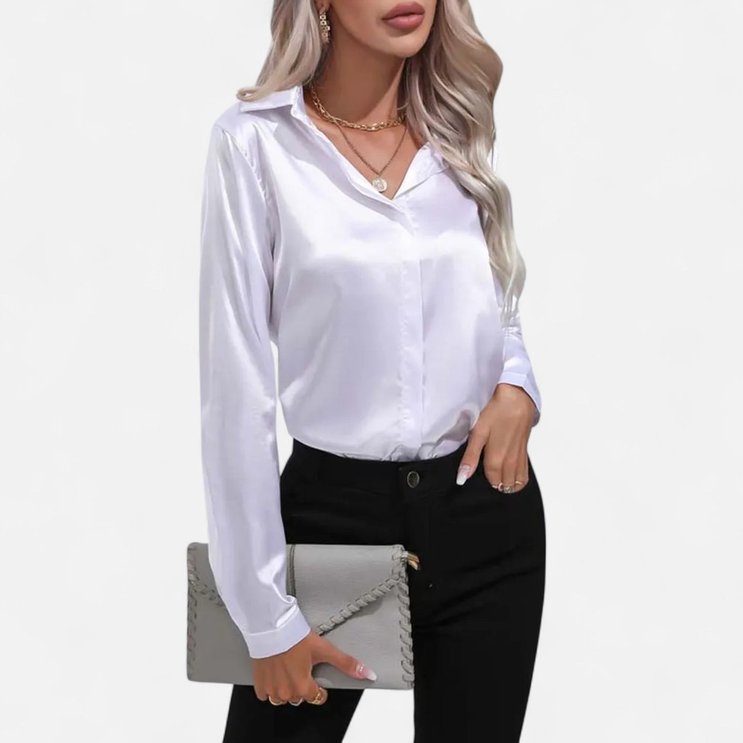 Celvarin | Women’s Premium Long Sleeve Satin Blouse – V-Neck