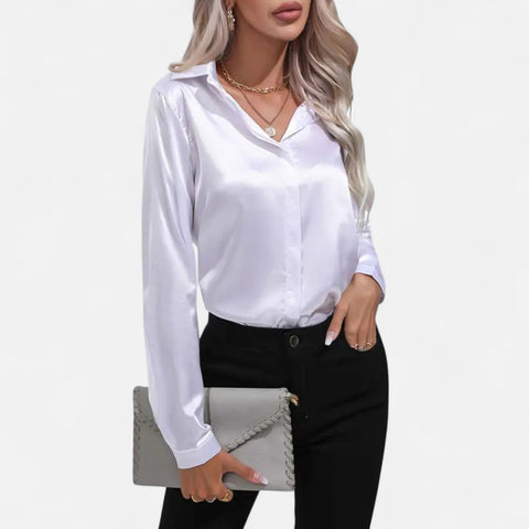 Celvarin | Women’s Premium Long Sleeve Satin Blouse – V-Neck