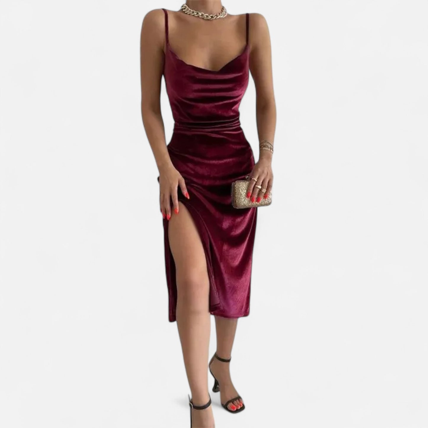Celvarin | Women’s Premium Long-Sleeve Velvet Bodycon Midi Dress with V-Neck