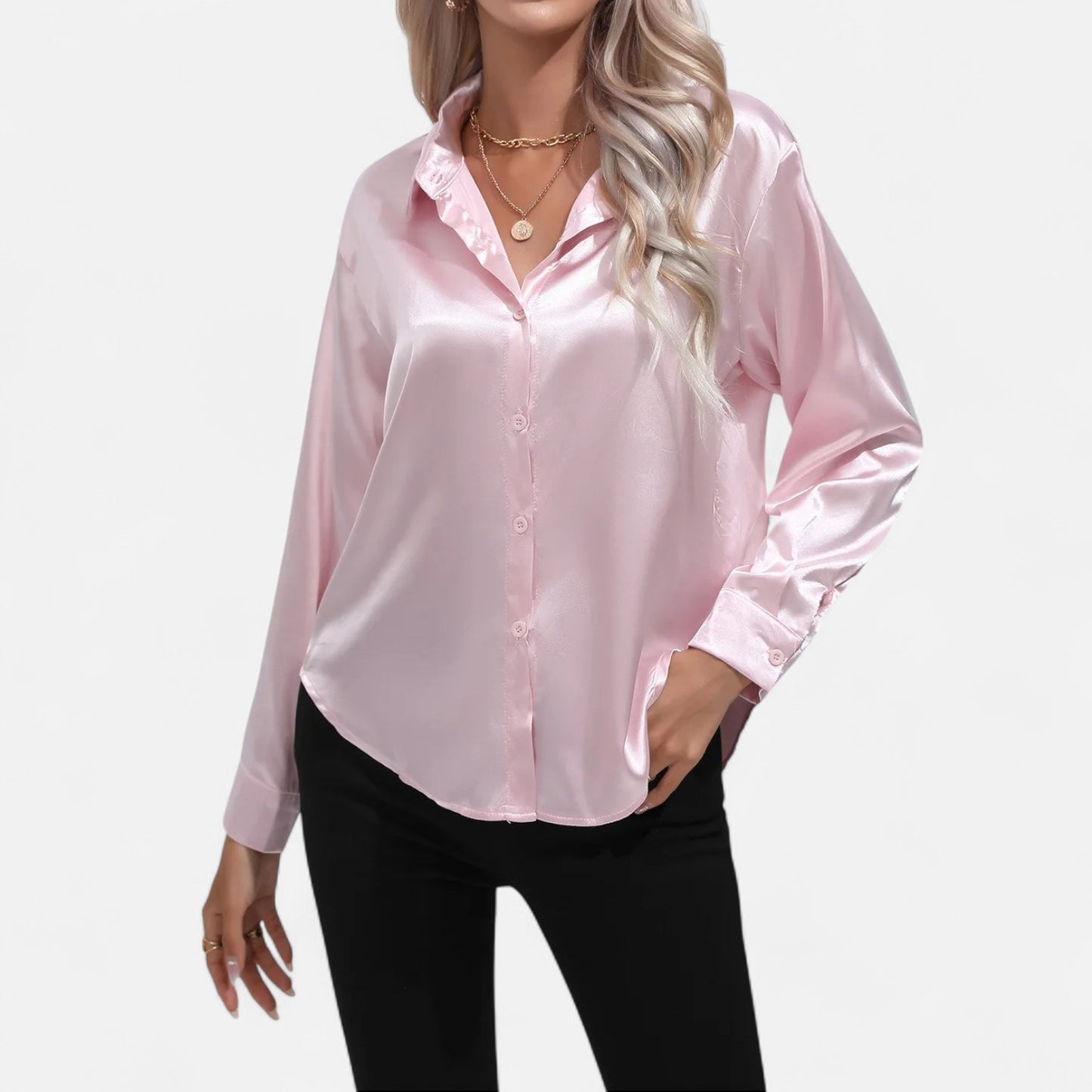 Celvarin | Women’s Premium Long Sleeve Satin Blouse – V-Neck