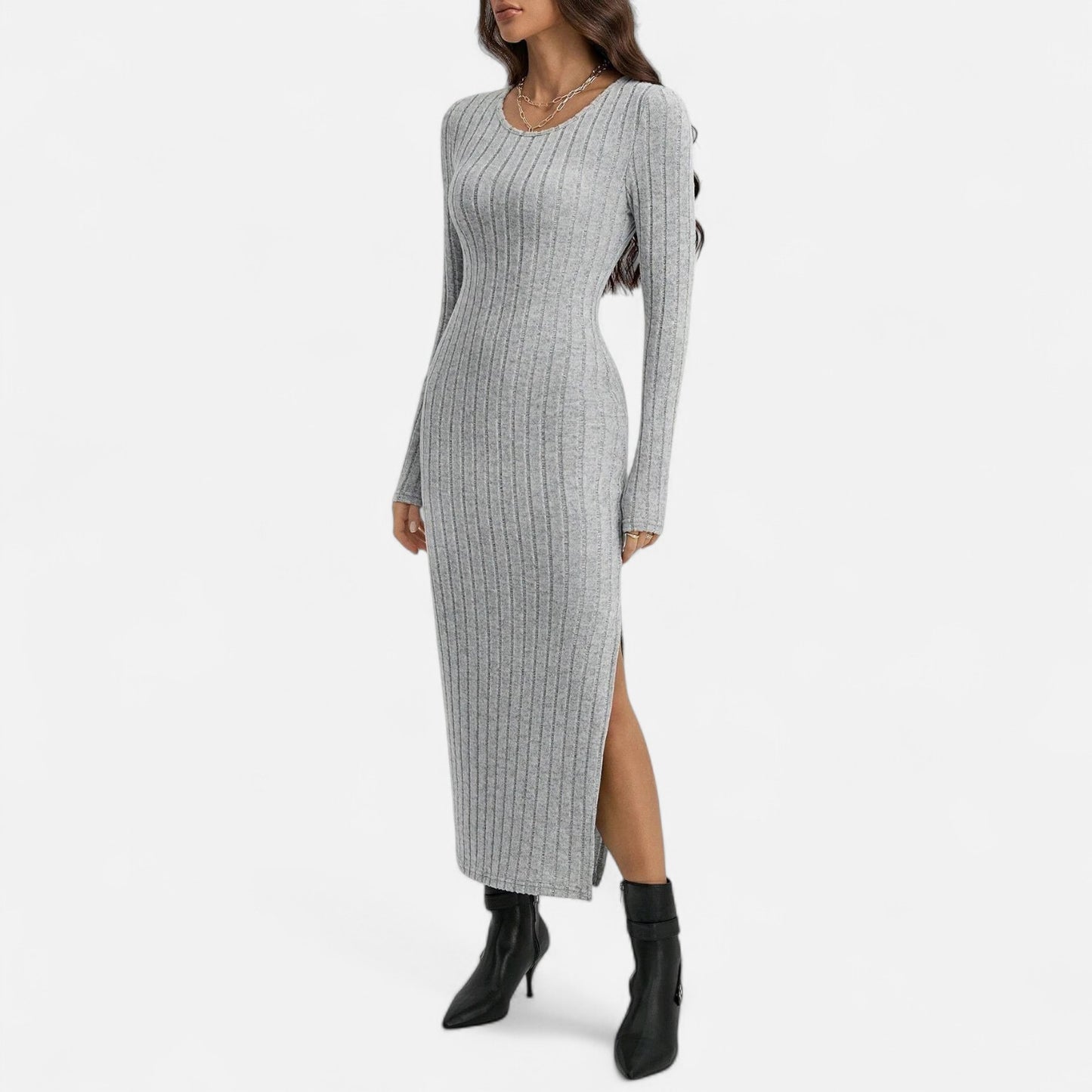 Celvarin | Women’s Premium Knitted Striped Bodycon Maxi Dress with U-Neck and Side Slit