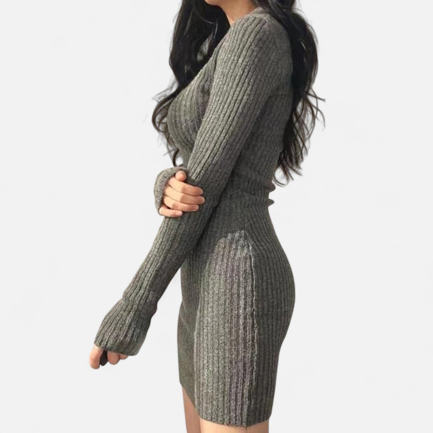 Celvarin | Women’s Premium Long-Sleeve Knit Bodycon Midi Dress with V-Neck