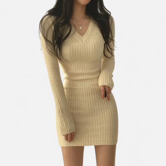 Celvarin | Women’s Premium Long-Sleeve Knit Bodycon Midi Dress with V-Neck