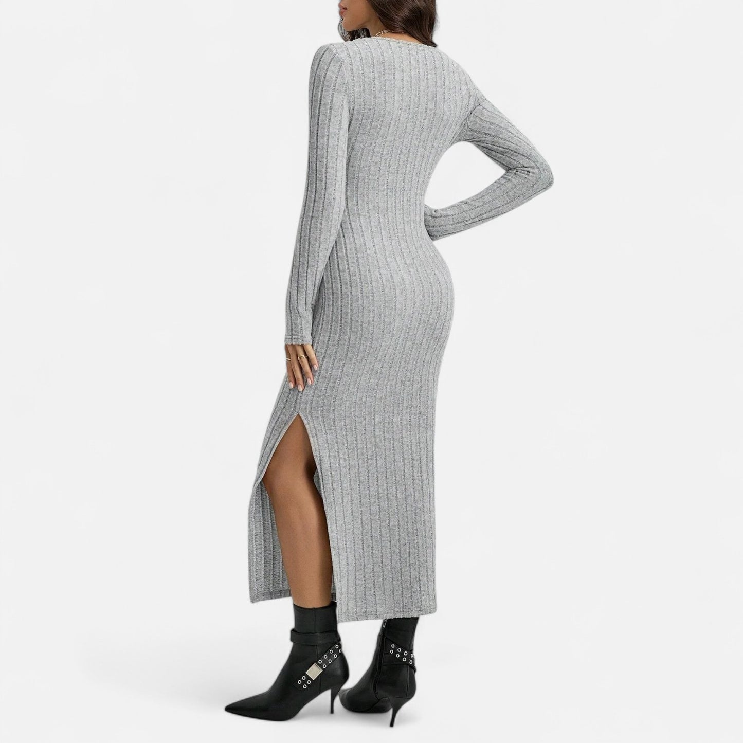 Celvarin | Women’s Premium Knitted Striped Bodycon Maxi Dress with U-Neck and Side Slit