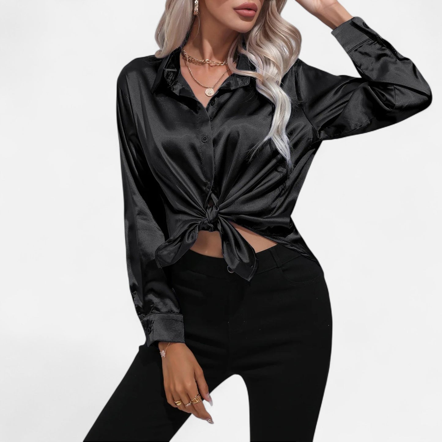 Celvarin | Women’s Premium Long Sleeve Satin Blouse – V-Neck