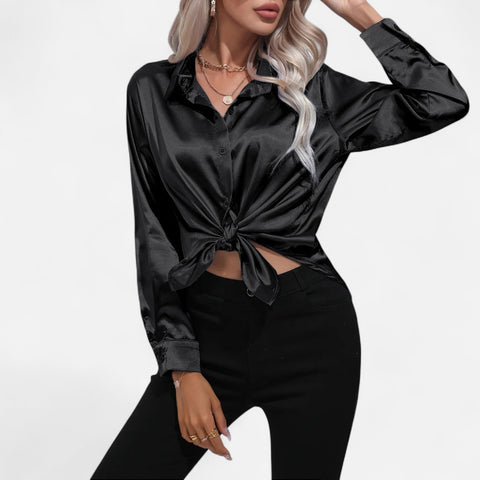 Celvarin | Women’s Premium Long Sleeve Satin Blouse – V-Neck