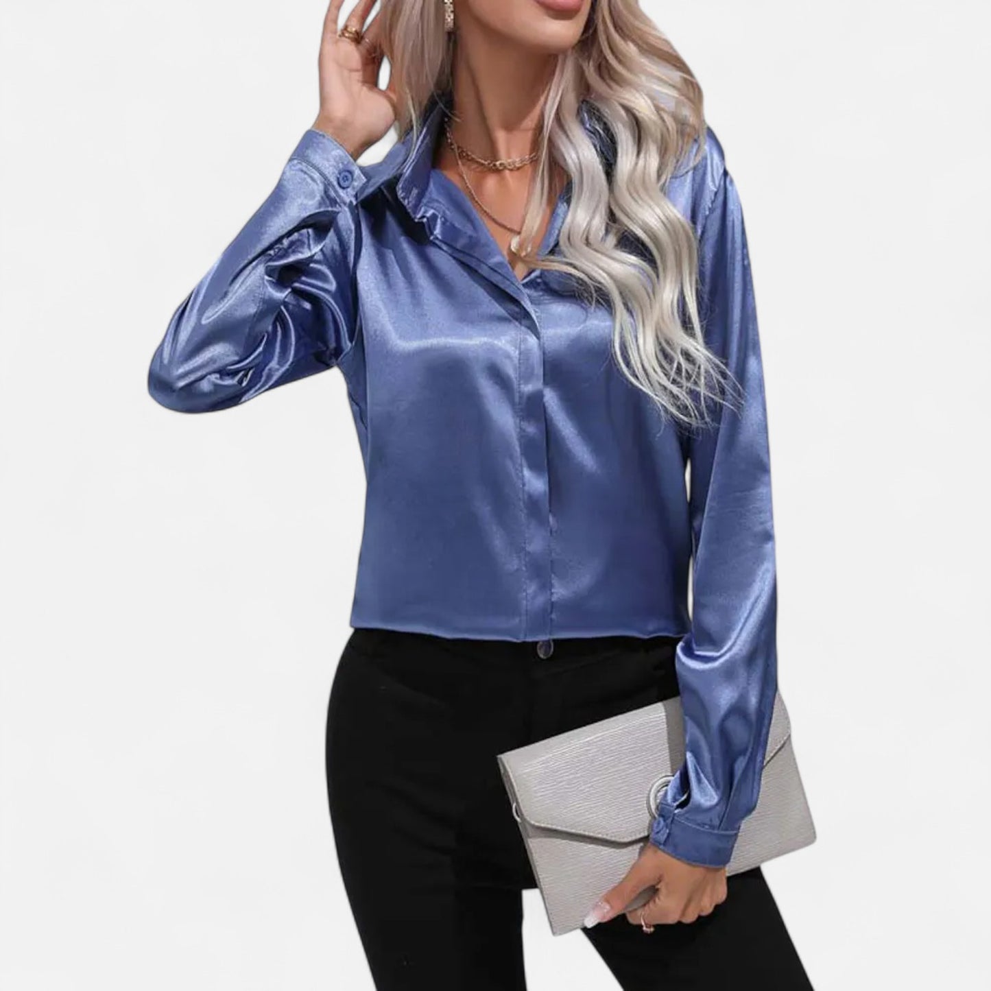 Celvarin | Women’s Premium Long Sleeve Satin Blouse – V-Neck