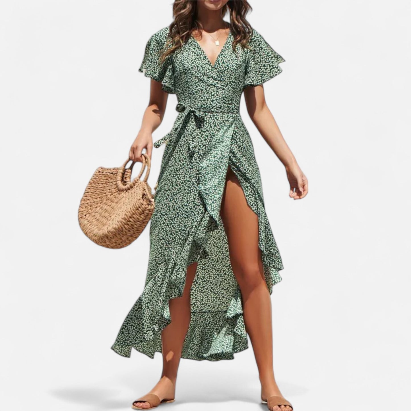 Celvarin | Women’s Premium Long Chiffon Dress with Floral Print and Ruffle Trim