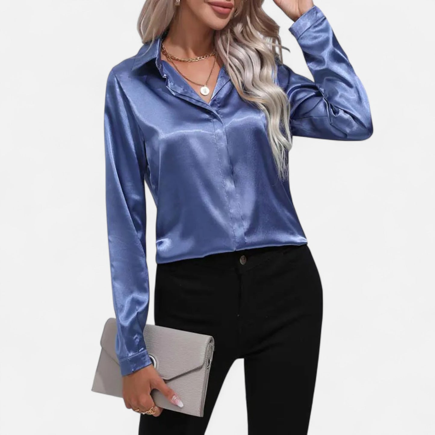 Celvarin | Women’s Premium Long Sleeve Satin Blouse – V-Neck
