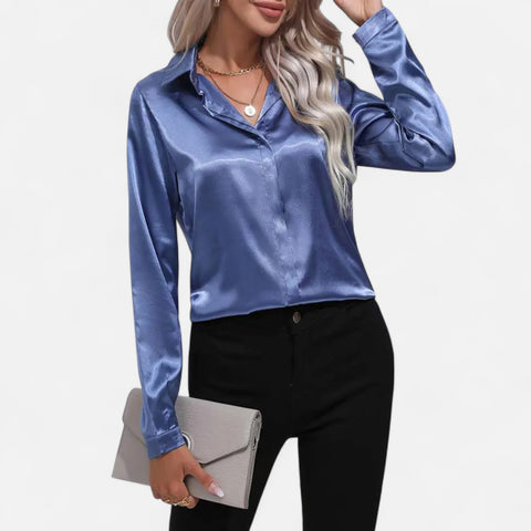 Celvarin | Women’s Premium Long Sleeve Satin Blouse – V-Neck