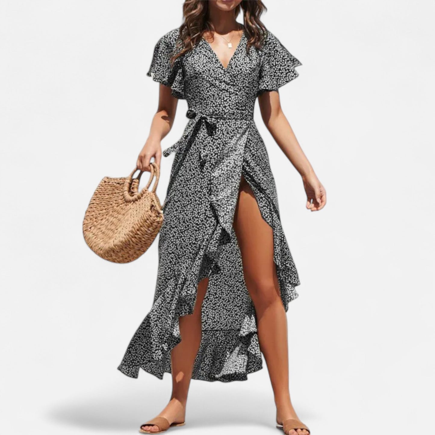 Celvarin | Women’s Premium Long Chiffon Dress with Floral Print and Ruffle Trim