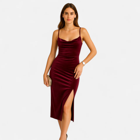 Celvarin | Women’s Premium Long-Sleeve Velvet Bodycon Midi Dress with V-Neck