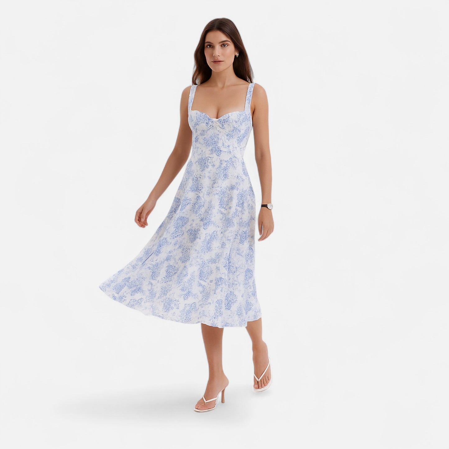 Celvarin | Women’s Premium Floral Print Midi Summer Dress with Spaghetti Straps