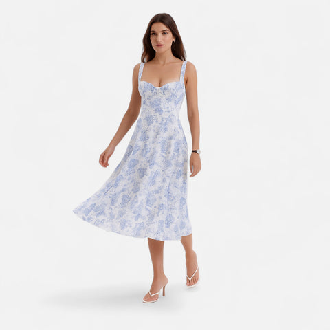 Celvarin | Women’s Premium Floral Print Midi Summer Dress with Spaghetti Straps