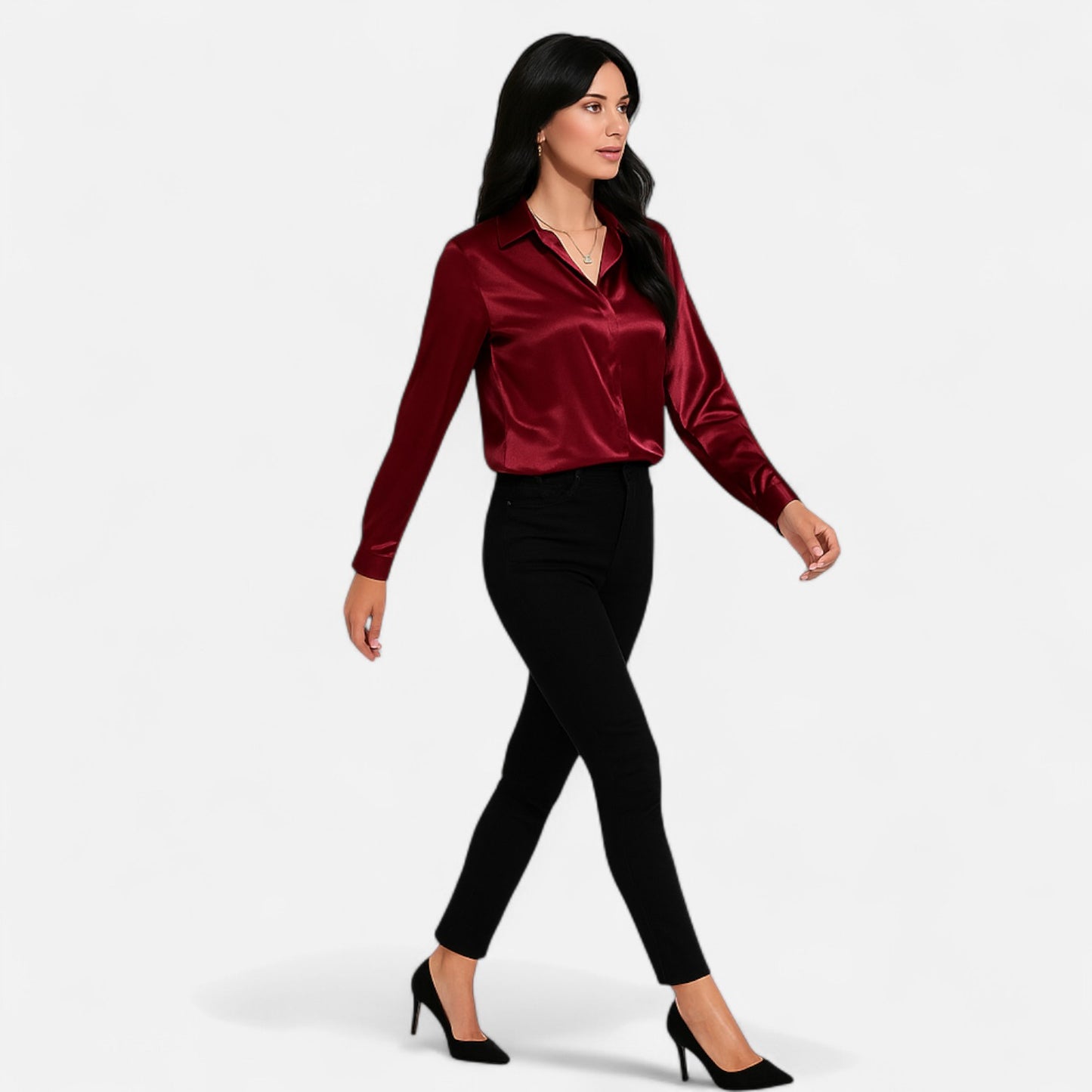 Celvarin | Women’s Premium Long Sleeve Satin Blouse – V-Neck