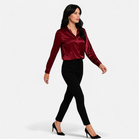 Celvarin | Women’s Premium Long Sleeve Satin Blouse – V-Neck