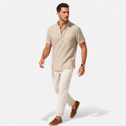 Celvarin | Men’s Premium Short-Sleeve Cotton-Linen Henley Shirt