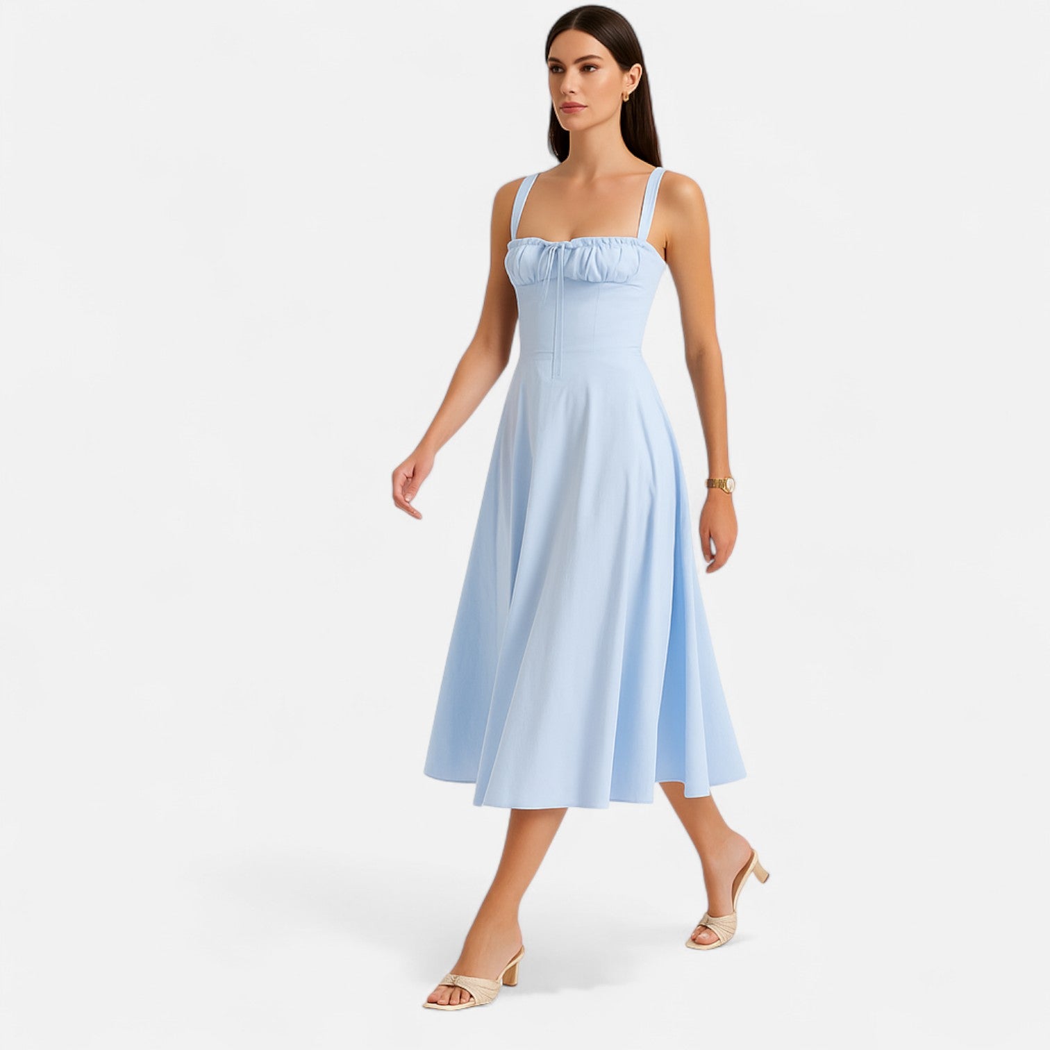 Celvarin | Dame Premium Blomsterprintet Midi Sommerkjole med Spaghettistropper