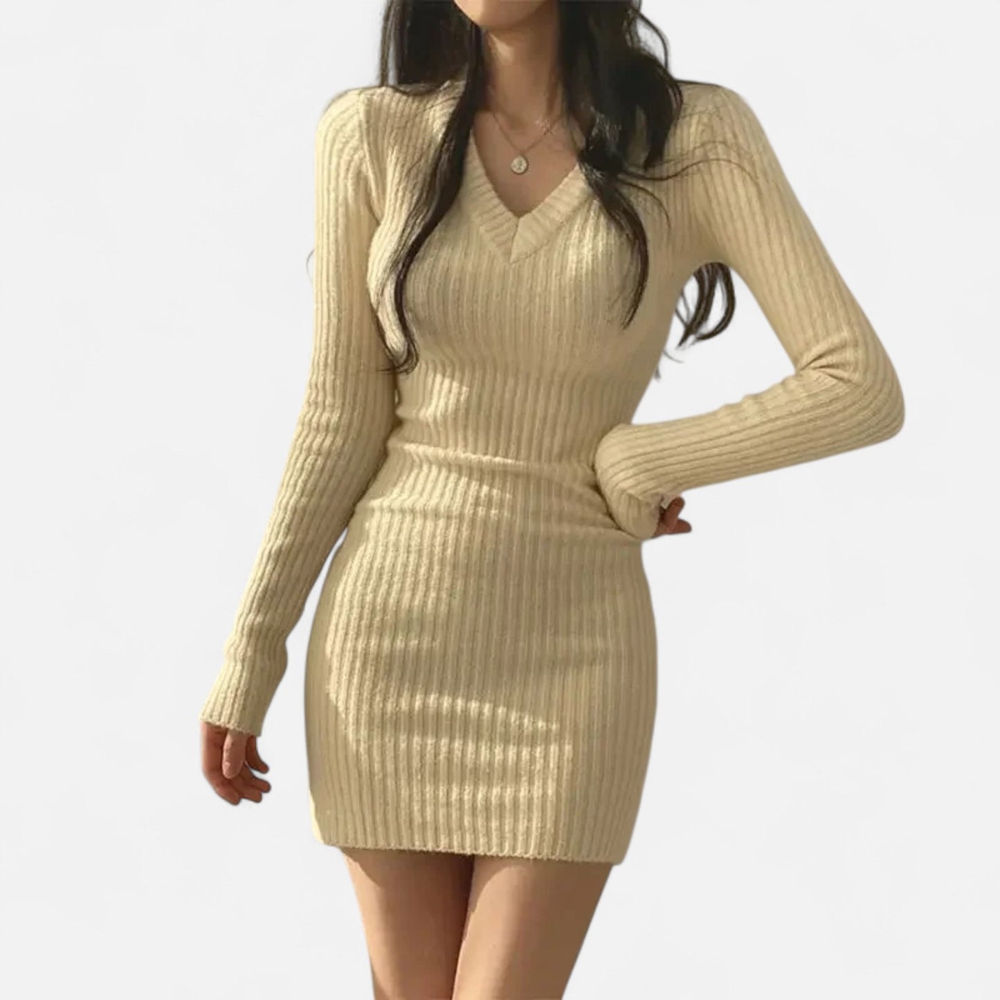 Celvarin | Women’s Premium Long-Sleeve Knit Bodycon Midi Dress with V-Neck