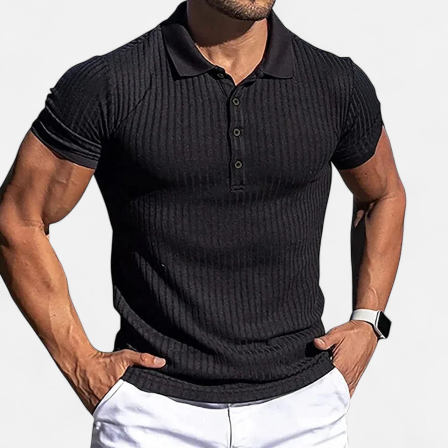 Celvarin | Men’s Premium Stretch Short-Sleeve Polo Shirt with Stand Collar and Striped Design