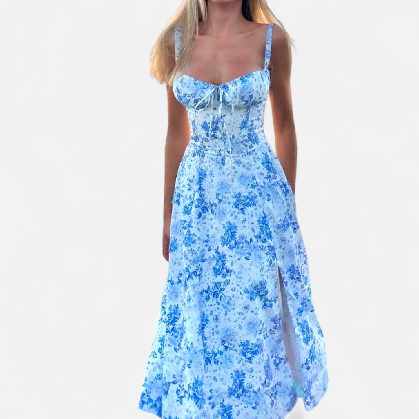Celvarin | Women’s Premium Floral Print Midi Summer Dress with Spaghetti Straps
