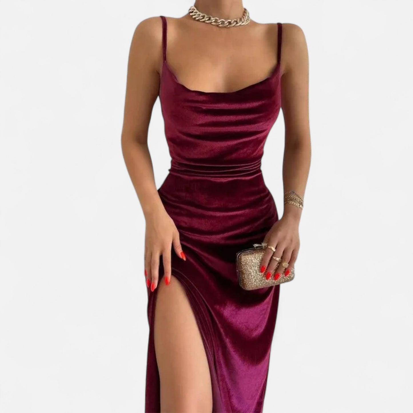 Celvarin | Women’s Premium Long-Sleeve Velvet Bodycon Midi Dress with V-Neck