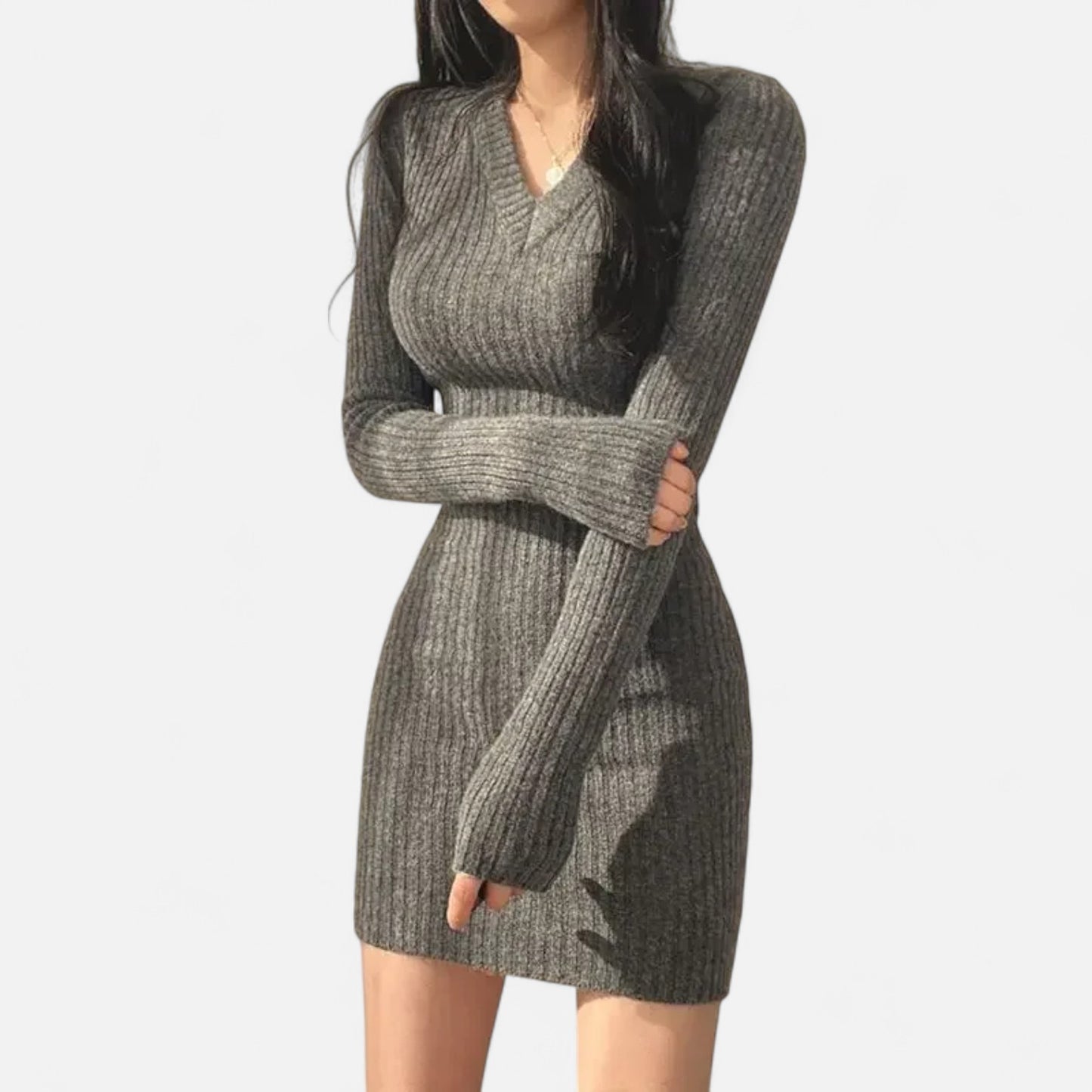Celvarin | Women’s Premium Long-Sleeve Knit Bodycon Midi Dress with V-Neck