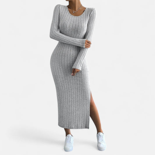 Celvarin | Women’s Premium Knitted Striped Bodycon Maxi Dress with U-Neck and Side Slit