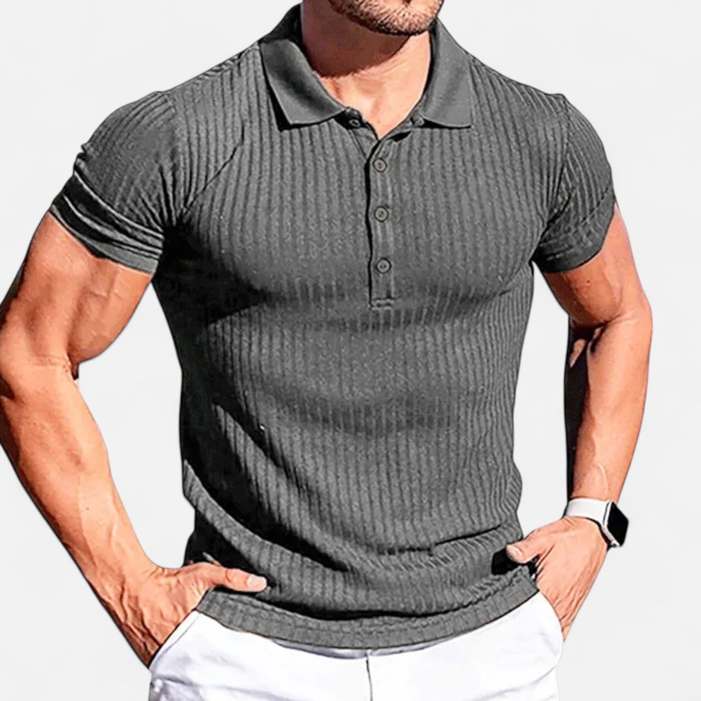 Celvarin | Men’s Premium Stretch Short-Sleeve Polo Shirt with Stand Collar and Striped Design
