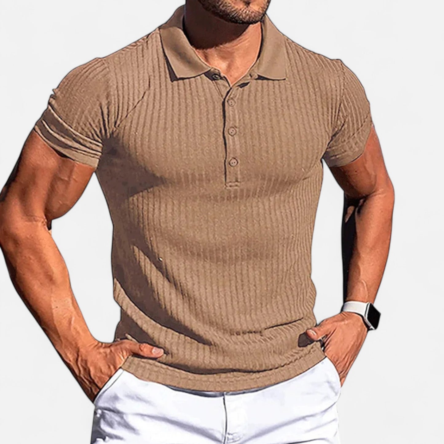 Celvarin | Men’s Premium Stretch Short-Sleeve Polo Shirt with Stand Collar and Striped Design