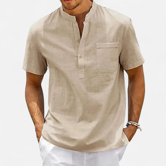 Celvarin | Men’s Premium Short-Sleeve Cotton-Linen Henley Shirt with Chest Pocket