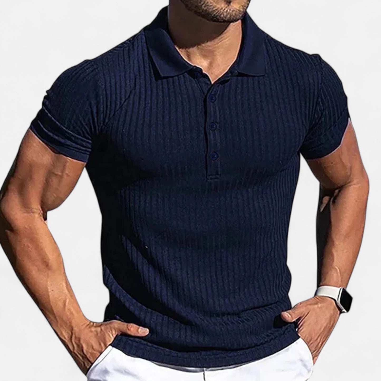 Celvarin | Men’s Premium Stretch Short-Sleeve Polo Shirt with Stand Collar and Striped Design