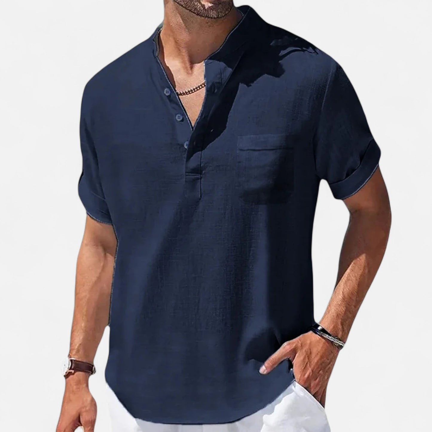 Celvarin | Men’s Premium Short-Sleeve Cotton-Linen Henley Shirt