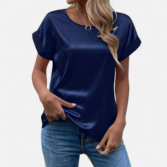 Celvarin | Women’s Premium Satin Blouse with Batwing Sleeves and Round Neck