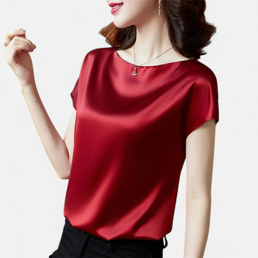 Celvarin | Women’s Premium Short Sleeve Satin Blouse – Round Neck