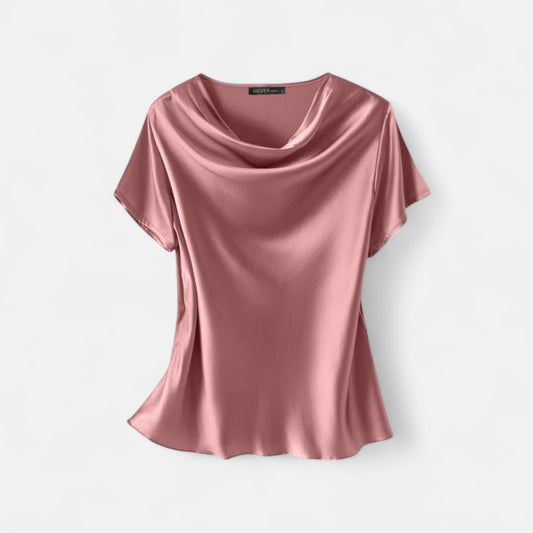 Celvarin | Women’s Premium Oversized Short Sleeve Satin Blouse with Round Neck