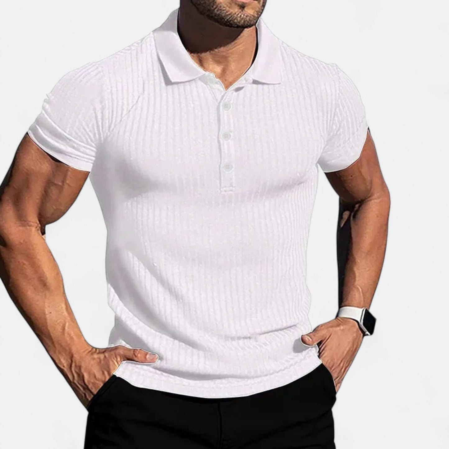 Celvarin | Men’s Premium Stretch Short-Sleeve Polo Shirt with Stand Collar and Striped Design